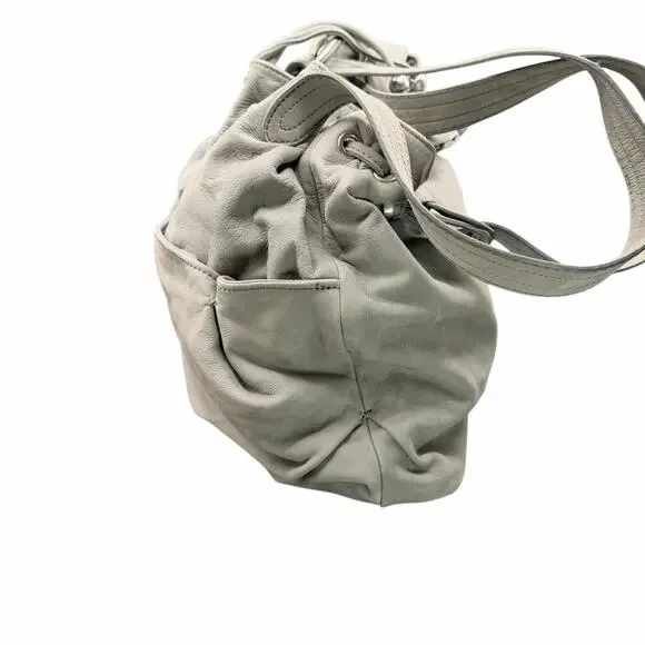 Ann Taylor LOFT Gray Leather Drawstring Shoulder Bag Tassel Slouchy Tote - Picture 6 of 13